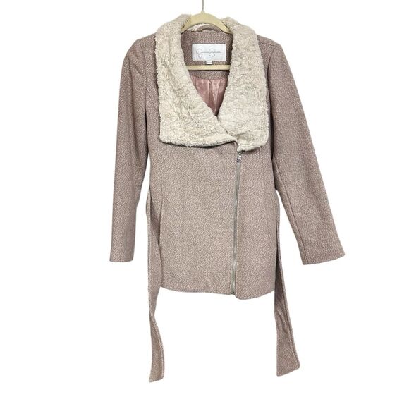 Jessica Simpson Womens Sz S Blush Pink Faux Fur Collar Coat Wool Blend Belted - Picture 5 of 8